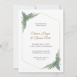 Invitación de boda con marco hexagonal dorado verd