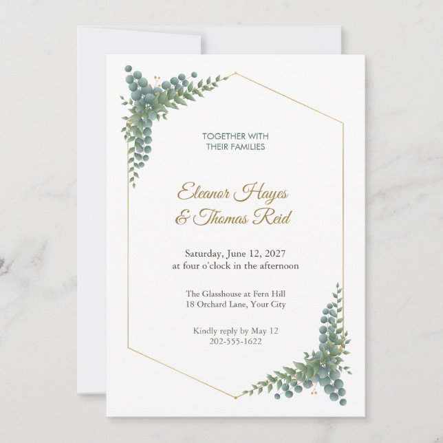 Invitación de boda con marco hexagonal dorado verd (Anverso)