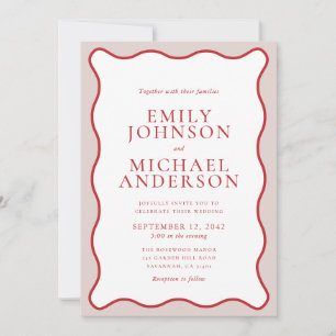 Invitación de boda con marco ondulado rosa y rojo 