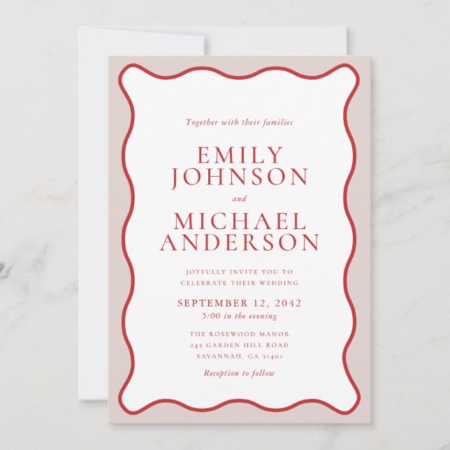 Invitación de boda con marco ondulado rosa y rojo  (Anverso)