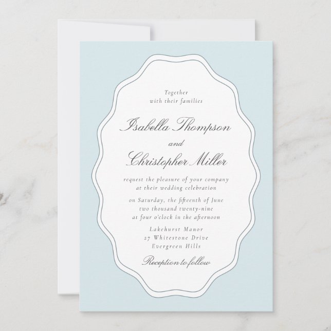 Invitación de Boda con Marco Ornamentado Azul Clar (Anverso)