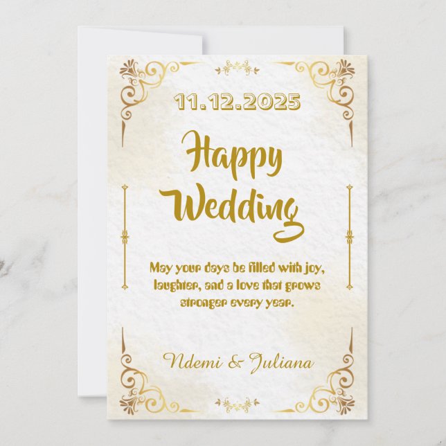 Invitación de boda con marco ornamentado en oro bl (Anverso)