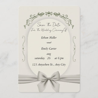 Invitación de boda con marco ovalado y lazo de cin