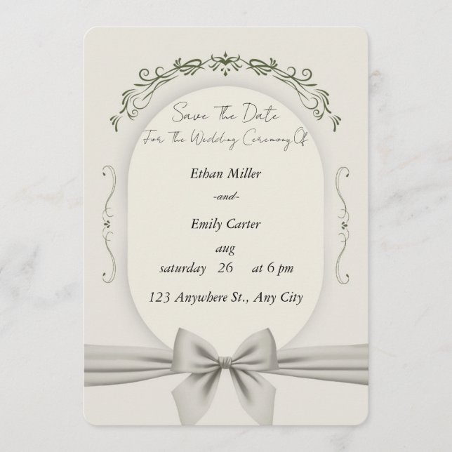 Invitación de boda con marco ovalado y lazo de cin (Anverso)