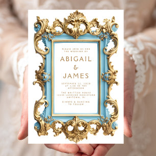Invitación de boda con marco vintage rococó azul y