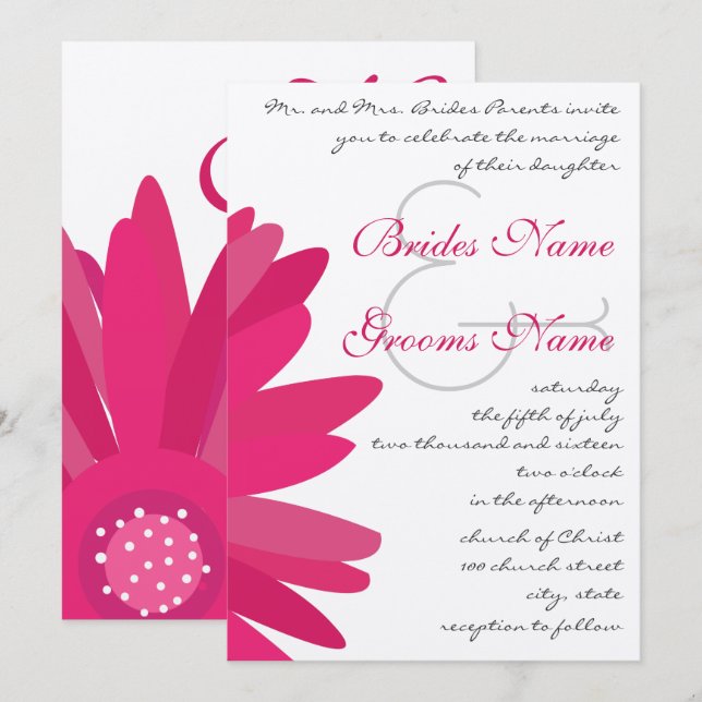 Invitación de boda con margarita de Gerber fucsia (Anverso / Reverso)