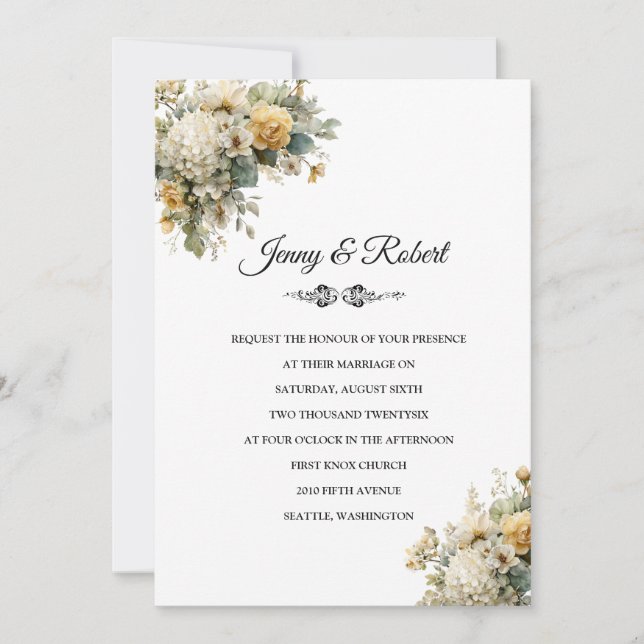 Invitación de boda con mezcla floral amarilla (Anverso)