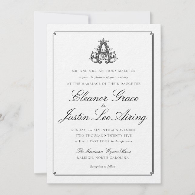 Invitación de boda con monograma "A" negro (Anverso)