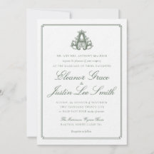 Invitación de boda con monograma "A" verde oscuro