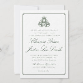 Invitación de boda con monograma "A" verde oscuro