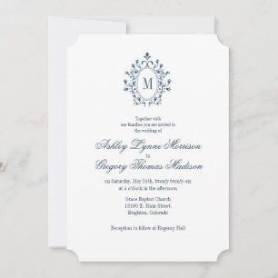Invitación de boda con monograma añil