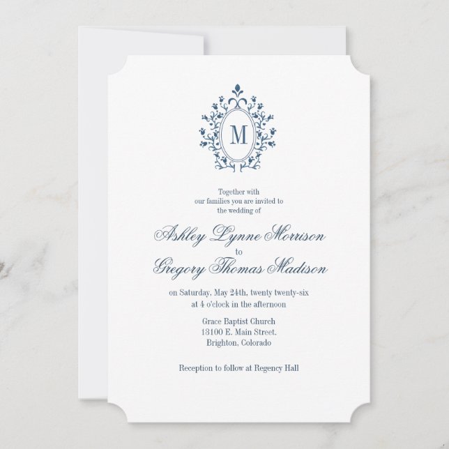 Invitación de boda con monograma añil (Anverso)