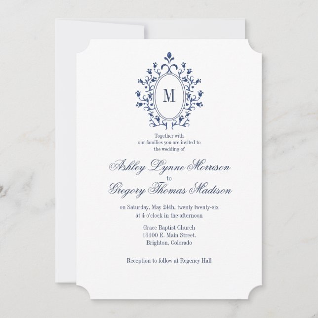 Invitación de boda con monograma AZUL (Anverso)