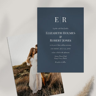 Invitación de Boda con Monograma Azul Pizarra y Fo