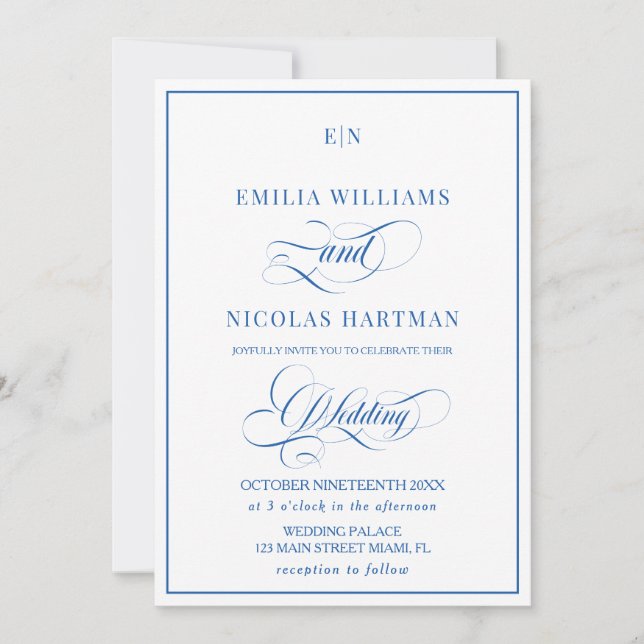 Invitación de boda con monograma azul y blanco (Anverso)