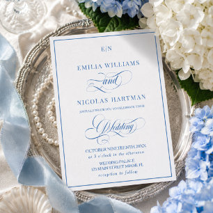 Invitación de boda con monograma azul y blanco