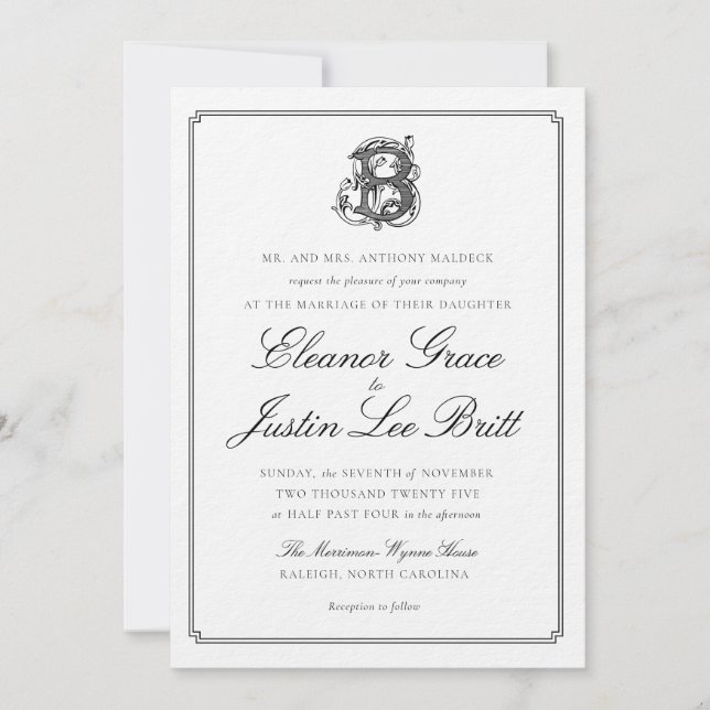 Invitación de boda con monograma "B" negro (Anverso)