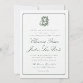 Invitación de boda con monograma "B" verde oscuro