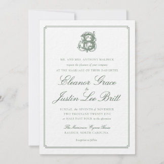 Invitación de boda con monograma "B" verde oscuro