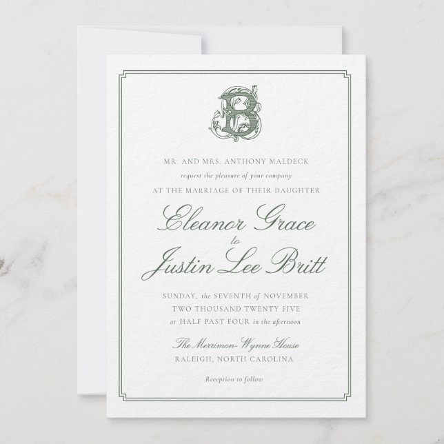 Invitación de boda con monograma "B" verde oscuro (Anverso)