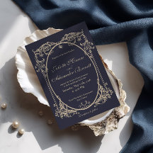 Invitación de boda con monograma barroco azul mari