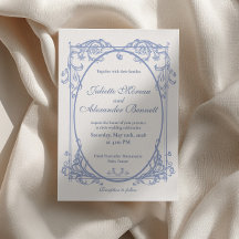 Invitación de boda con monograma barroco azul polv