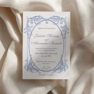 Invitación de boda con monograma barroco azul polv