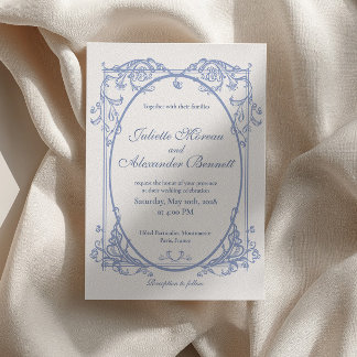 Invitación de boda con monograma barroco azul polv