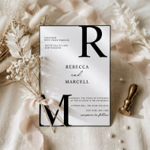Invitación de boda con monograma blanco negro mode