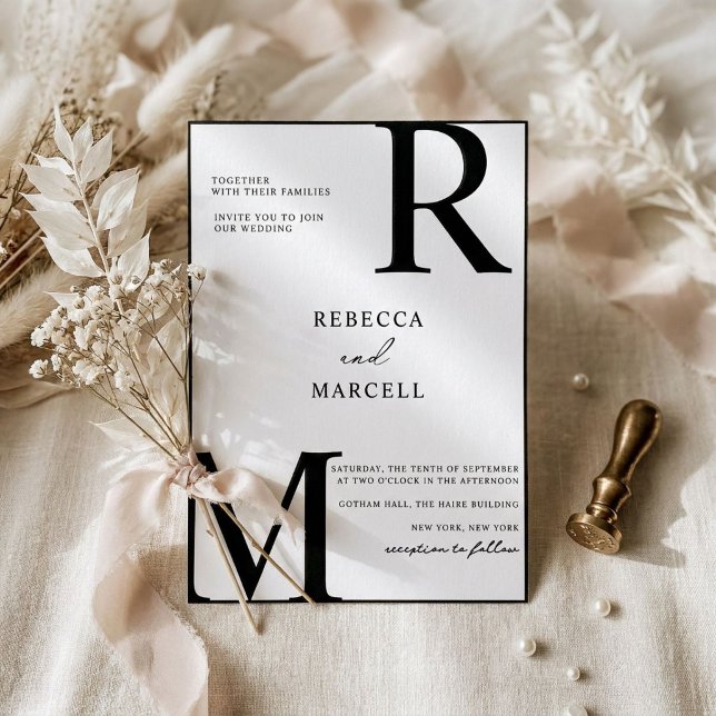 Invitación de boda con monograma blanco negro mode (Subido por el creador)