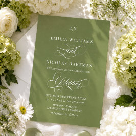 Invitación de boda con monograma blanco verde