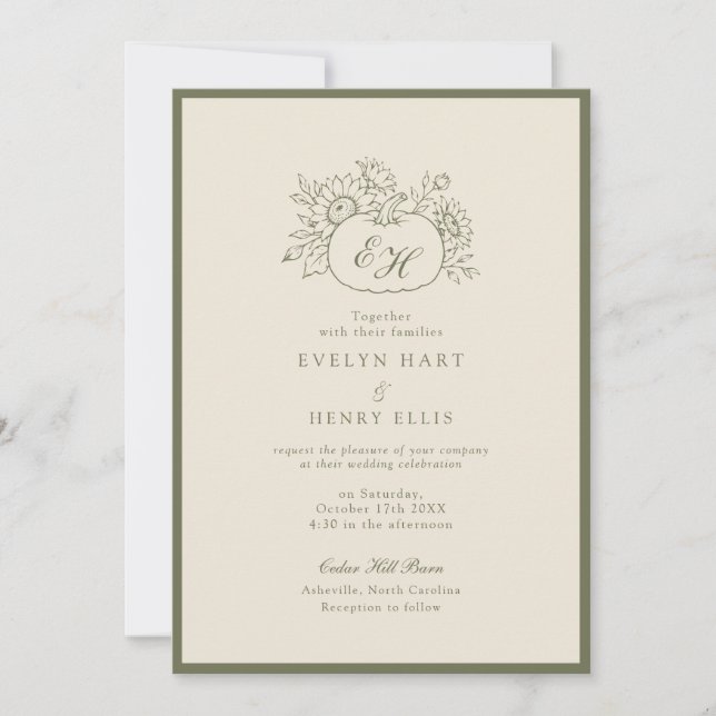 Invitación de boda con monograma botánico de caída (Anverso)