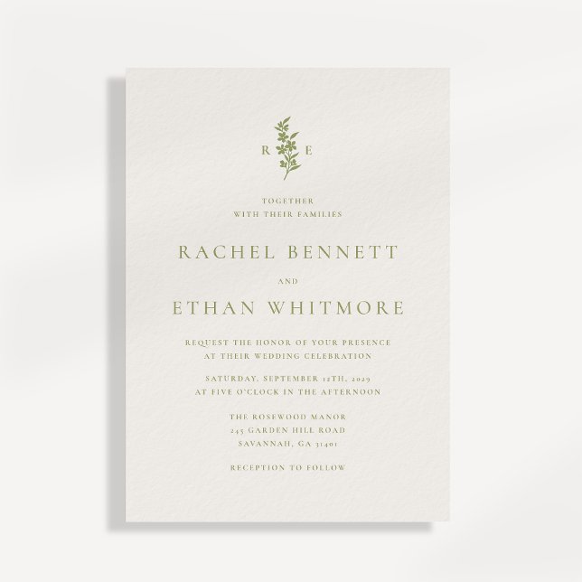 Invitación de boda con monograma botánico en verde (Subido por el creador)