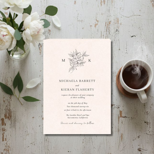 Invitación de Boda con Monograma Botánico Rosa Son (Blush Pink Botanical Monogram Wedding Invitation)