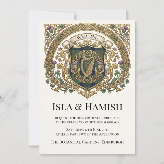 Invitación de boda con monograma celta dorado (Anverso)