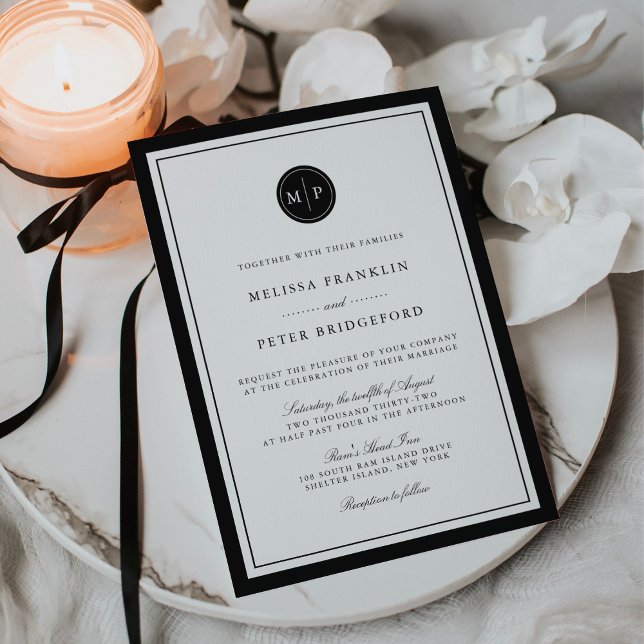 Invitación de boda con monograma clásico en blanco (Subido por el creador)