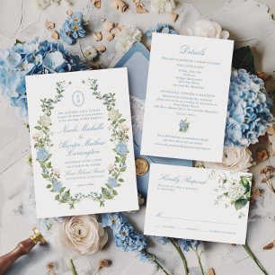 Invitación de boda con monograma crest azul Hydran