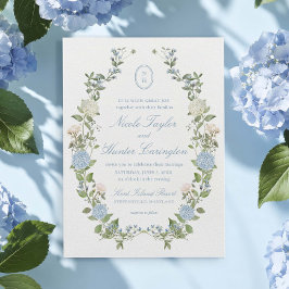 Invitación de boda con monograma crest azul Hydran