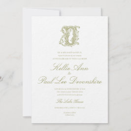Invitación de boda con monograma "D" en verde oliv