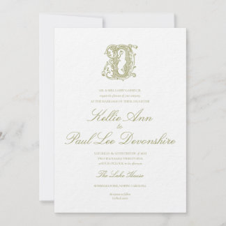 Invitación de boda con monograma "D" en verde oliv