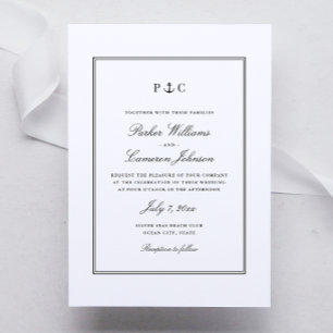 Invitación de boda con monograma de ancla negra y