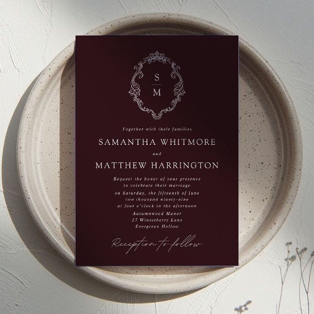 Invitación de boda con monograma de Borgoña (Subido por el creador)