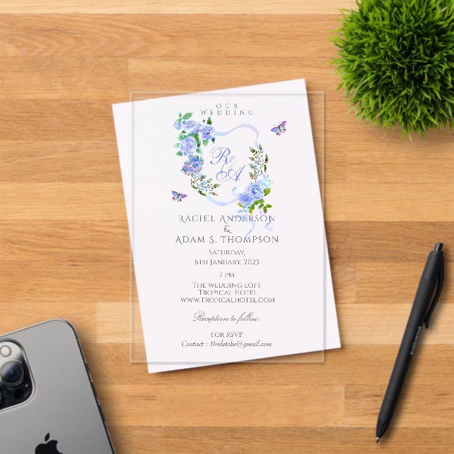 Invitación de boda con monograma de cinta de rosa  (Insitu (Tarjeta de Invitación))