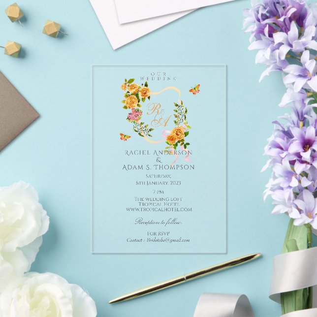 Invitación de boda con monograma de cinta de rosa  (Insitu (Boda))