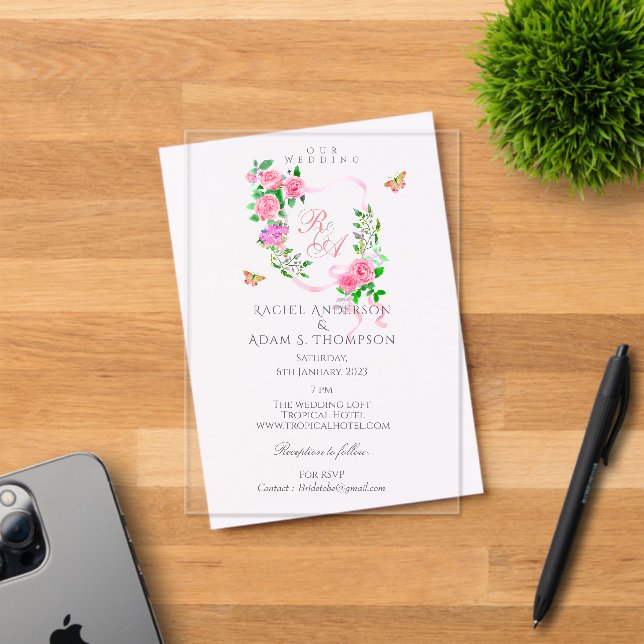 Invitación de boda con monograma de cinta de rosa  (Insitu (Tarjeta de Invitación))