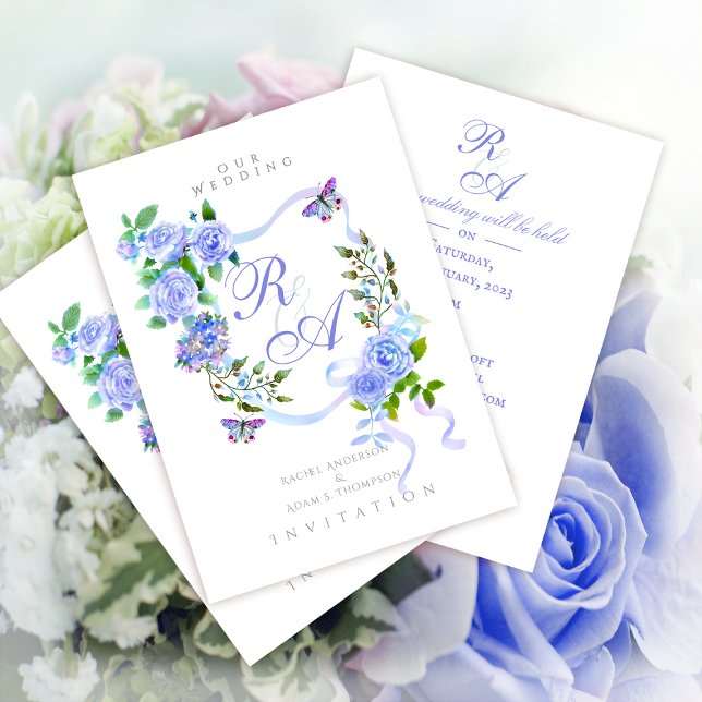 Invitación de boda con monograma de cinta de rosa  (Trendy Blue Rose Bow Ribbon
Wedding Invitation Card.)
