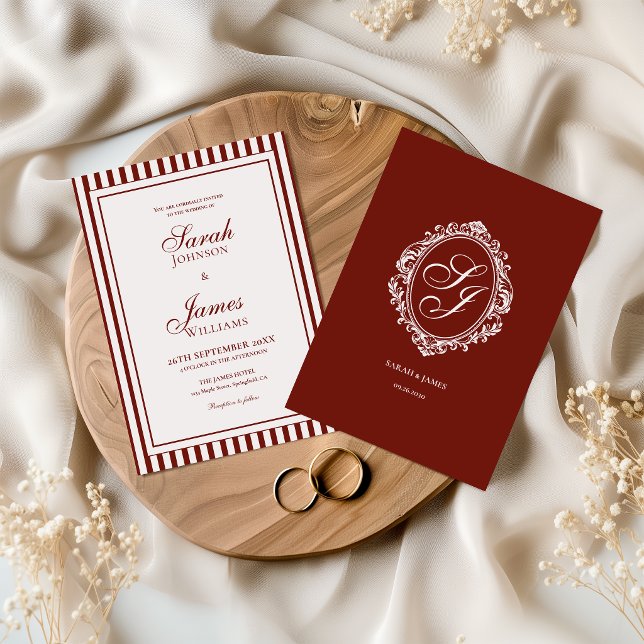 Invitación de boda con monograma de color burdeos  (Subido por el creador)