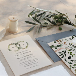 Invitación de boda con monograma de corona botánic