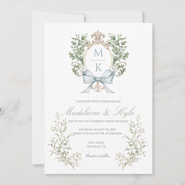 Invitación de boda con monograma de cresta elegant (Anverso)