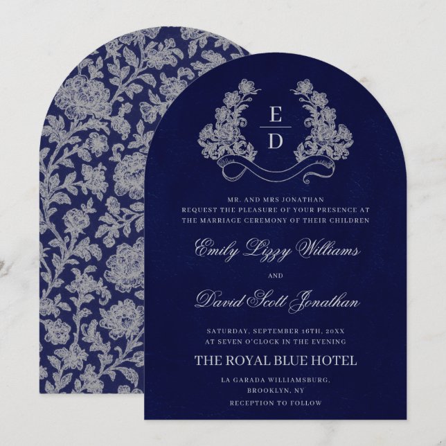 Invitación de boda con monograma de cresta floral  (Anverso / Reverso)